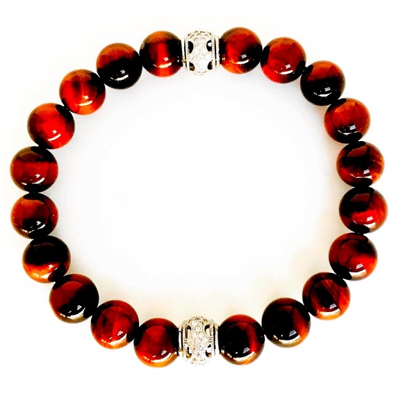 Men’s Red Tiger’s Eye + Rhodium Bracelet - Picture 2 of 2